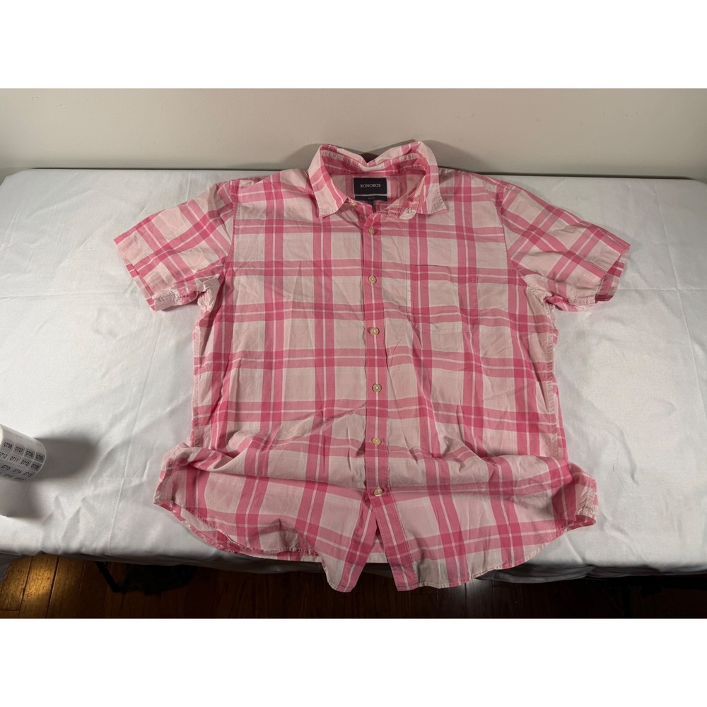 Bonobos Mens Slim Fit Short Sleeve Button Down Plaid Shirt Pink White Large